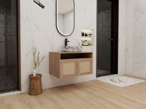 English Elm 30" Wall Mounted Bathroom Vanity Oak Finish Ceramic Art Sink Soft Close Storage W999S00493