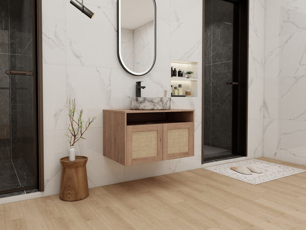 English Elm 30" Wall Mounted Bathroom Vanity Oak Finish Ceramic Art Sink Soft Close Storage W999S00493
