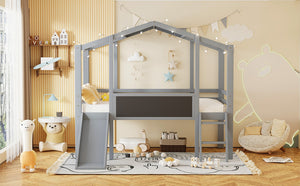 English Elm Twin House Loft Bed with Slide Chalkboard Panel and Led Roofline for Kids Gray WF324323AAE