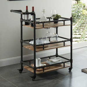 English Elm Industrial Industrial Style Antique Black Oak 3-Tier Serving Cart with Metal Pipe Frame, Wheels - Rustic Server B011P191544