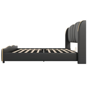 English Elm Christopher Knight Home® - Queen Plush Leather Upholstered Bed Frame with Wingback Headboard, Wavy Footboard, Quiet Support Black 85.2 L x 9.8 W x 3.25 H N761S0000016B