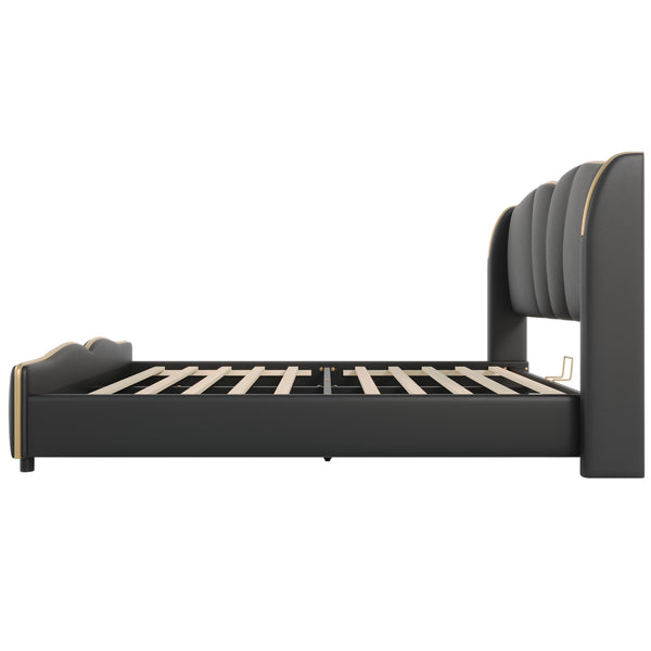 English Elm Christopher Knight Home® - Queen Plush Leather Upholstered Bed Frame with Wingback Headboard, Wavy Footboard, Quiet Support Black 85.2 L x 9.8 W x 3.25 H N761S0000016B