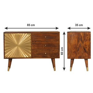 English Elm Solid Mango Wood Sideboard with Brass Accents Three Drawers Chestnut Hallway Storage B182P280784