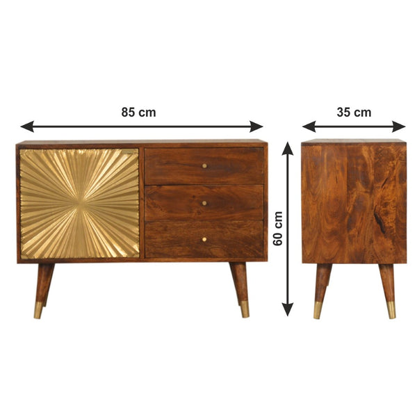 English Elm Solid Mango Wood Sideboard with Brass Accents Three Drawers Chestnut Hallway Storage B182P280784
