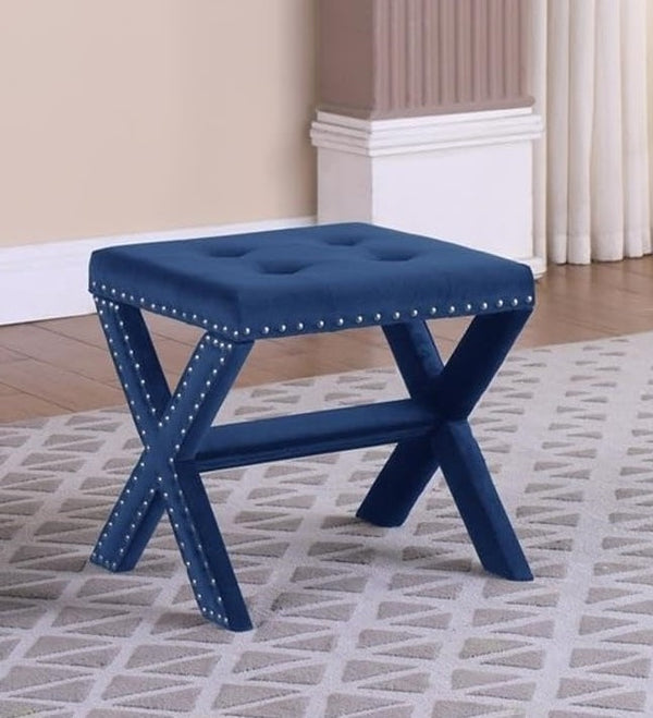 English Elm Velvet Small Tufted Accent Bench with Nailhead Trim and X-Leg Frame, Plush Foam Seat for Entryway Blue 20 L x 19 W x 7 H B011P357491