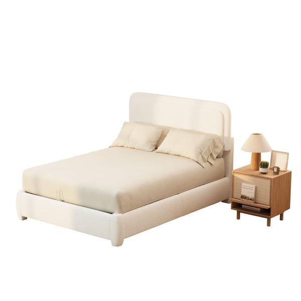 English Elm Boucle Cloud Upholstered Full Platform Bed with Adjustable Curved Headboard in White N733P439489K