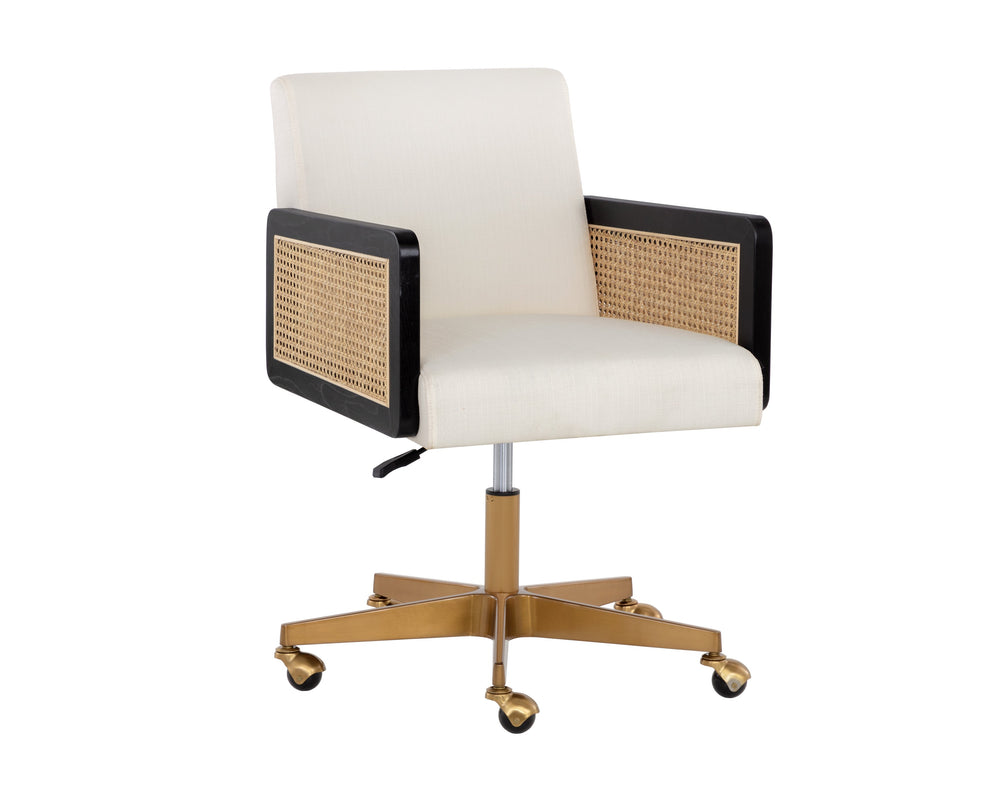 Sunpan Claudette Modern Office Chair in Linoso Ivory with Rattan, Gold Base, and Black Rubberwood Arms