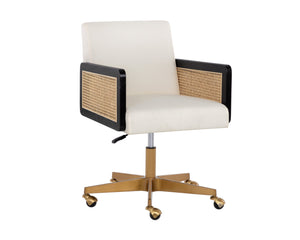 Sunpan Claudette Modern Office Chair in Linoso Ivory with Rattan, Gold Base, and Black Rubberwood Arms