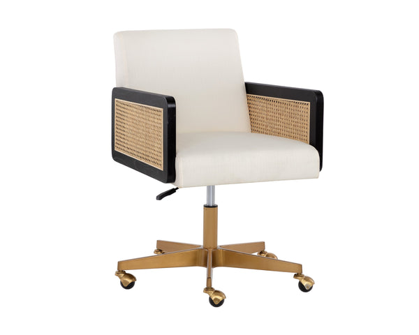 Sunpan Claudette Modern Office Chair in Linoso Ivory with Rattan, Gold Base, and Black Rubberwood Arms