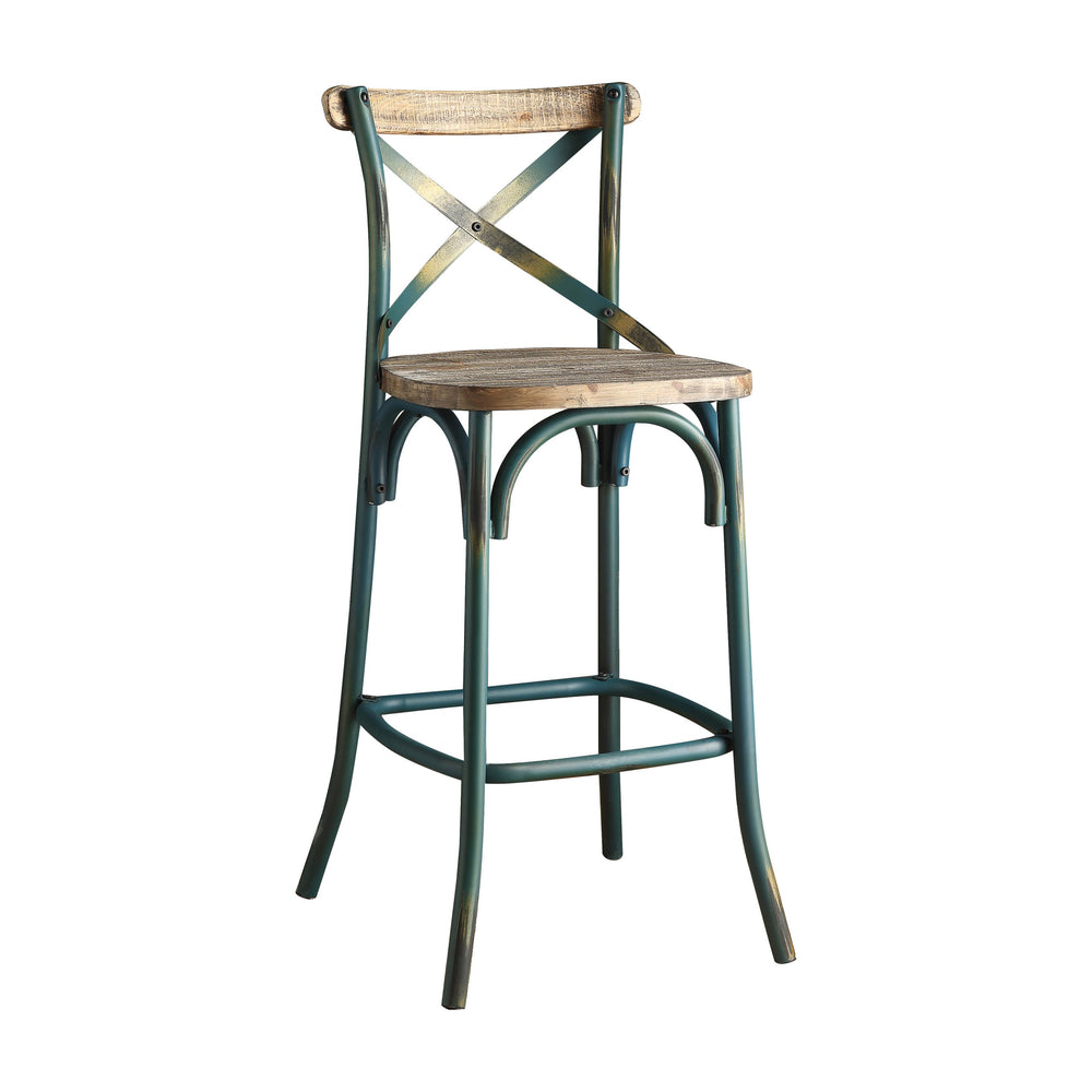 English Elm Zaire Vintage Industrial Armless Bar Chair with Antique Oak Wood Seat & Turquoise Metal X Back, 29" B2726P338126