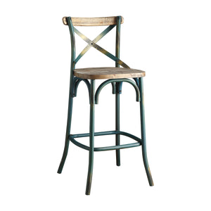 English Elm Zaire Vintage Industrial Armless Bar Chair with Antique Oak Wood Seat & Turquoise Metal X Back, 29" B2726P338126
