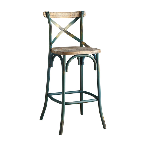 English Elm Zaire Vintage Industrial Armless Bar Chair with Antique Oak Wood Seat & Turquoise Metal X Back, 29" B2726P338126