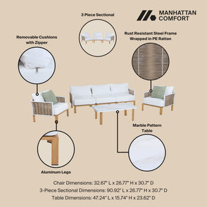 English Elm Vine 4-Piece Conversation Set Cream — Waterproof Aluminum & UV-Resistant Cushions, Marble Table Elegance B365S00106