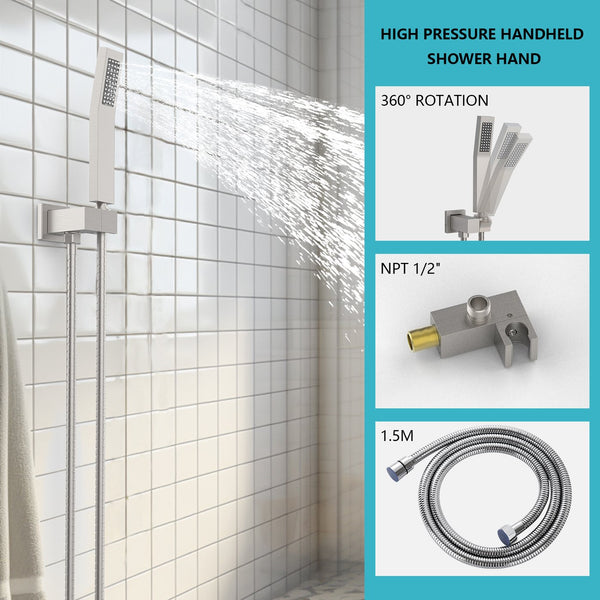 English Elm Rainfall Luxury Shower System with 10" Square Head, High-Pressure Rain + Handheld and Storage Rack Brushed Nickel T3177P269147
