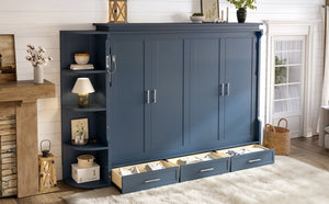 English Elm Queen Murphy Wall Bed with Side Cabinets Open Shelving and Drawers for Studio Rooms Blue W1580S00453
