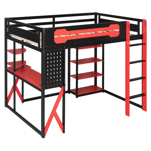 English Elm Full Size Loft Bed with Rgb Lighting Chevron Desk Usb Charging Ports and Storage Shelves Black+Red LT000286AAR