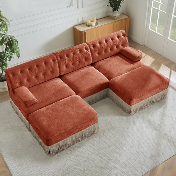 English Elm U Shaped Velvet Chesterfield Sectional with Tufting Tassel Fringe Skirt Modular Living Room Sofa Red+Brown W714S01724