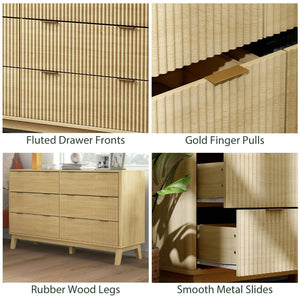 English Elm Closet Six Drawer Double Dresser with Fluted Fronts Gold Pulls and Rubberwood Legs T3971P431255
