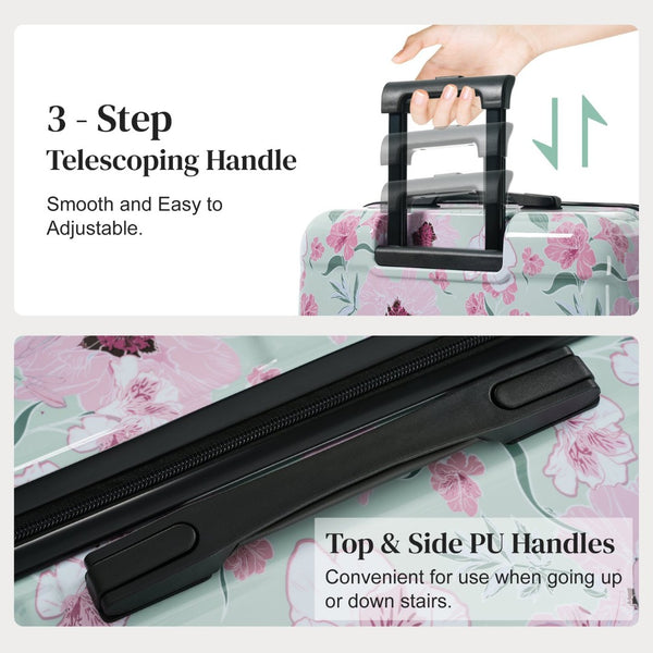 English Elm 6 Piece Hardshell Abs Travel Set with Spinner Wheels Combination Lock and Toiletry Bag Green & Pink Flower N732P391160F