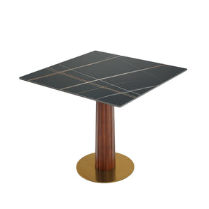 English Elm Modern Square Dining Table - 33.5" Space-Saving Sintered Stone Top With Wooden Legs & Gold Base W1535S00595
