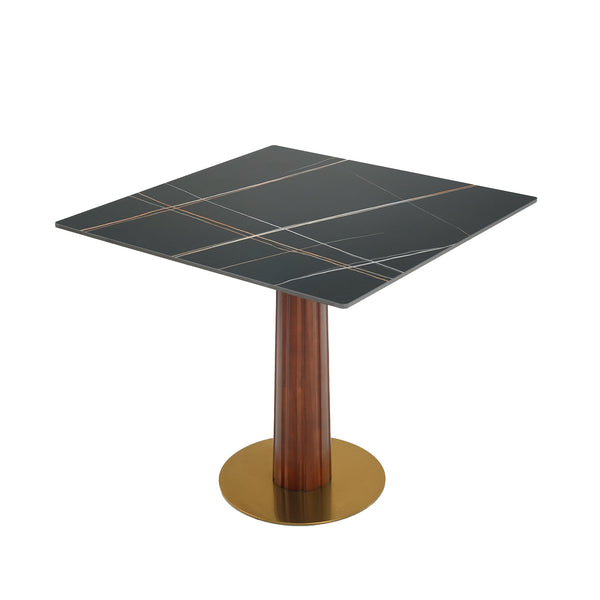 English Elm Modern Square Dining Table - 33.5" Space-Saving Sintered Stone Top With Wooden Legs & Gold Base W1535S00595