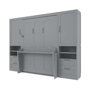 English Elm Full Size Murphy Wall Bed with Wardrobe Drawers and Shelves for Studio Spaces LP000908AAE