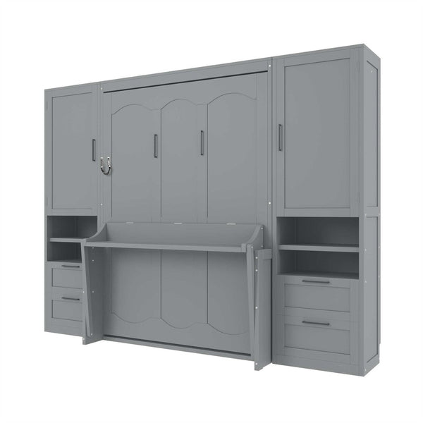 English Elm Full Size Murphy Wall Bed with Wardrobe Drawers and Shelves for Studio Spaces LP000908AAE