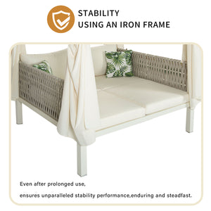 English Elm U_Style Luxury Outdoor Patio Sunbed with Canopy & Cushions, 650lb Capacity, Foam Comfort Lounge Beige WY000395AAA