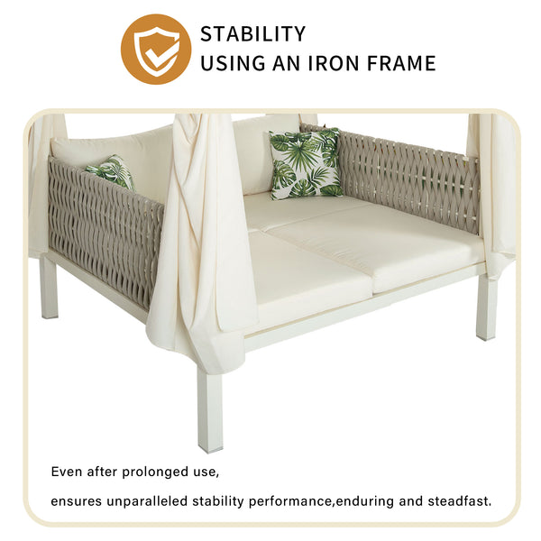 English Elm U_Style Luxury Outdoor Patio Sunbed with Canopy & Cushions, 650lb Capacity, Foam Comfort Lounge Beige WY000395AAA