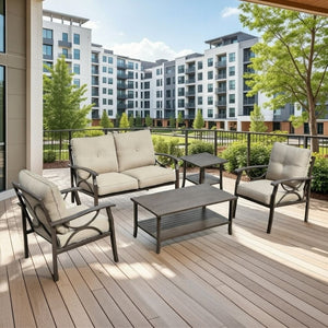 English Elm 5-piece Outdoor Steel Conversation Set with Thick Foam Cushions for Patio or Deck Beige B082S00121