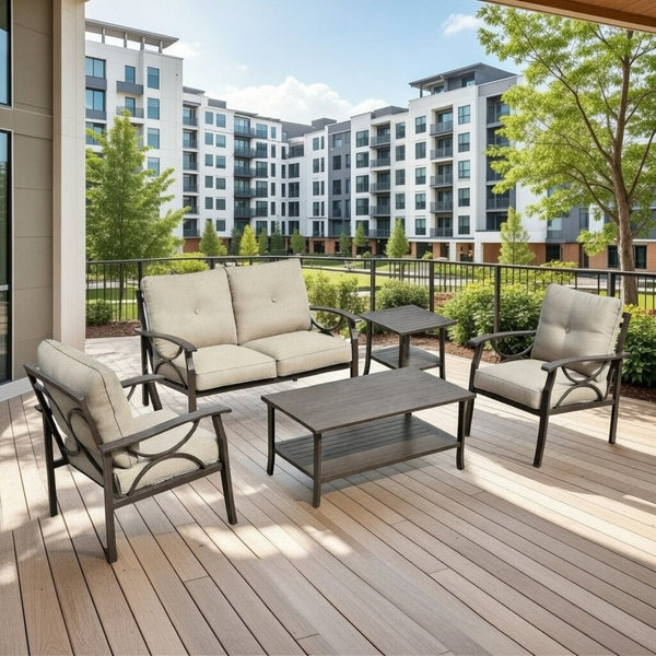 English Elm 5-piece Outdoor Steel Conversation Set with Thick Foam Cushions for Patio or Deck Beige B082S00121