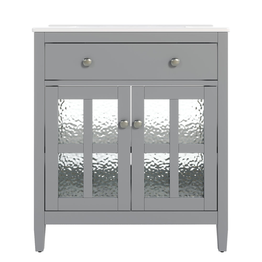 English Elm Christopher Knight Home® - 30" Bathroom Vanity with Ceramic Sink, Solid Wood Legs, Adjustable Shelf, Tip-Out Tray, Soft-Close Hinges, Silver Knobs, Moisture-Resistant Finish Gray N817P286250G