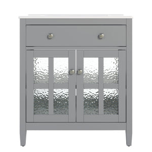 English Elm Christopher Knight Home® - 30" Bathroom Vanity with Ceramic Sink, Solid Wood Legs, Adjustable Shelf, Tip-Out Tray, Soft-Close Hinges, Silver Knobs, Moisture-Resistant Finish Gray N817P286250G
