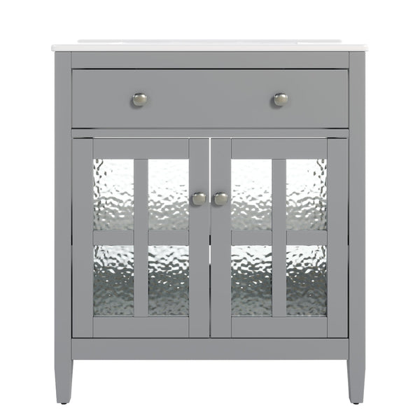 English Elm Christopher Knight Home® - 30" Bathroom Vanity with Ceramic Sink, Solid Wood Legs, Adjustable Shelf, Tip-Out Tray, Soft-Close Hinges, Silver Knobs, Moisture-Resistant Finish Gray N817P286250G