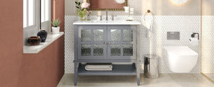 English Elm Christopher Knight Home® - 36" Bathroom Vanity with Ceramic Sink, Solid Wood Legs, Waterproof Finish, Soft-Close Hinges, Open Shelf, Silver Knobs Gray N817P286249G