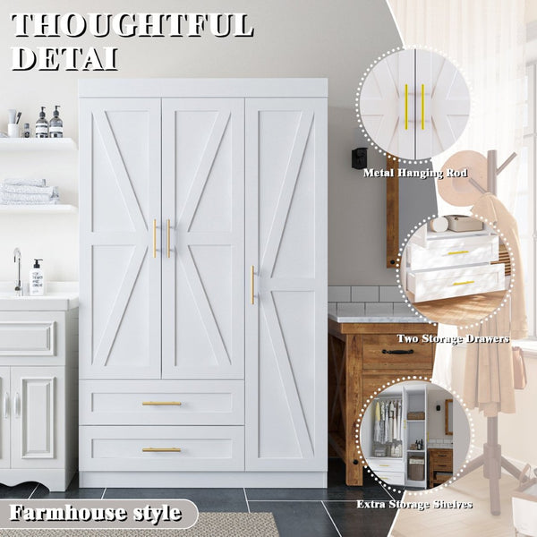 English Elm Shaker Three Door Wardrobe Armoire with Hanging Rod and Shelves for Bedroom White T3210S00005