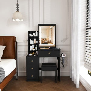 English Elm Modern Vanity Desk with Led Lighting Four Drawers Glossy Mdf and Dressing Chair W509P465829