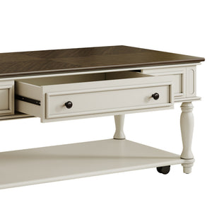 English Elm Farmhouse Retro Coffee Table with Lockable Wheels, One Drawer & Lower Shelf, Solid Wood Legs, Durable Finish Grey+White N721P307935E
