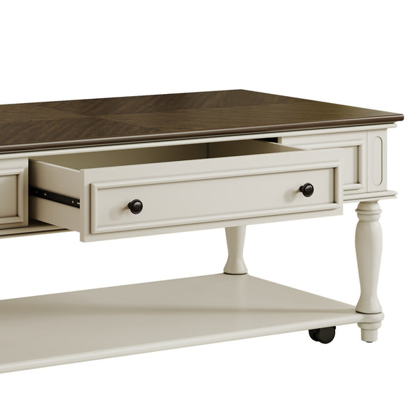 English Elm Farmhouse Retro Coffee Table with Lockable Wheels, One Drawer & Lower Shelf, Solid Wood Legs, Durable Finish Grey+White N721P307935E