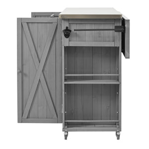 English Elm Outdoor Kitchen Island Solid Fir Wood with Foldable Stainless Top, Ample Storage, Wheels, Opener Grey N719P246553R