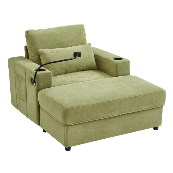 English Elm Modern Multifunctional Armchair with Chaise Lounge, Hidden Ottoman Storage, USB Ports & Cup Holders Green N719P292700F