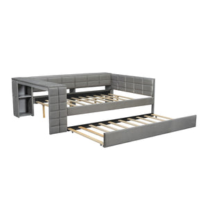 English Elm Full Size Upholstered Platform Bed With Trundle, Charging Station, And Smart Storage In Gray Velvet N7090000604E