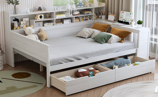 English Elm Wooden Full Size Daybed with Built-In Desk, Side Shelves and Dual Drawers for Organized Living Antique White 70 L x 18.6 W x 5.5 H N733S241486K