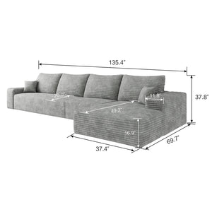 English Elm 135" Cloud Sectional Couch – Modern L-Shape Chaise Sofa In Grey, Plush Corduroy, No Assembly Needed! W2824S00043