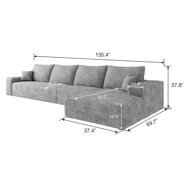 English Elm 135" Cloud Sectional Couch – Modern L-Shape Chaise Sofa In Grey, Plush Corduroy, No Assembly Needed! W2824S00043