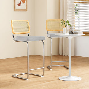 English Elm Counter Height Bar Stools Set Of 2 - Luxurious Gray Velvet & Rattan Back Armless Chairs For Style T3623P360715