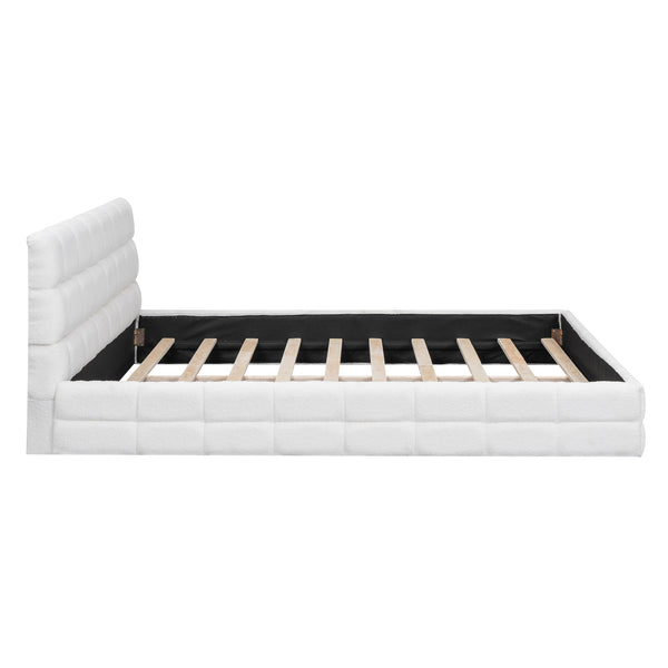 English Elm Queen Upholstered Platform Bed with Padded Headboard, Slat Support, Modern Stitch Detail for Comfort White DL001520AAK
