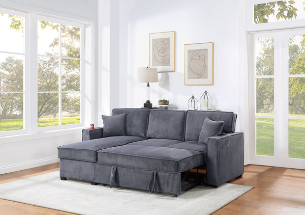English Elm Convertible Corduroy Sectional Sofa with Reversible Chaise, Hidden Storage, USB Port & Pull-Out Bed Dark Gray 60 L x 30 W x 19 H B011S01243