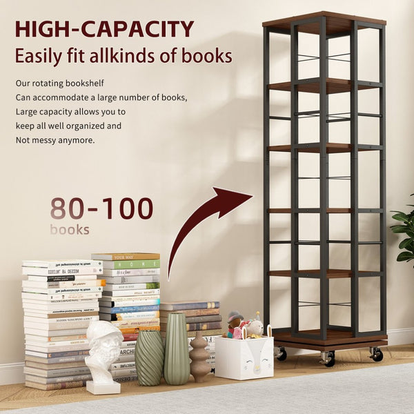 English Elm 5 Tier Rotating Corner Bookcase Rustic Brown Steel Wood Spinning Floor Shelf W2641P399191