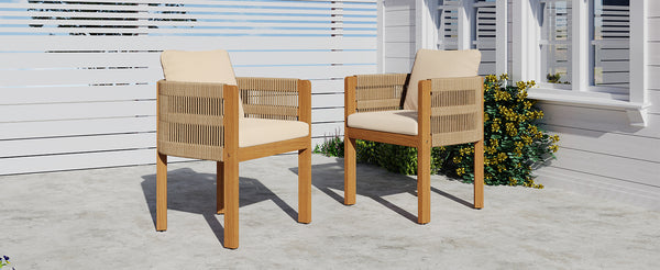 English Elm Christopher Knight Home® - Acacia Outdoor Dining Chairs Set of 2 with Rope Handles, Waterproof Washable Cushions, 400 lb Capacity Beige,Teak N779P279983B